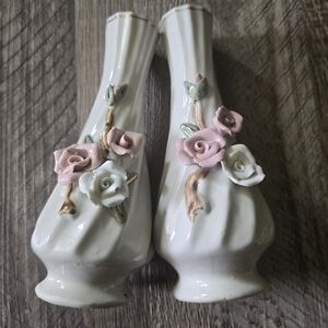 ​Hand-Painted Floral Vintage Bud Vases Raised Roses Shabby Chic Romantic Cottage